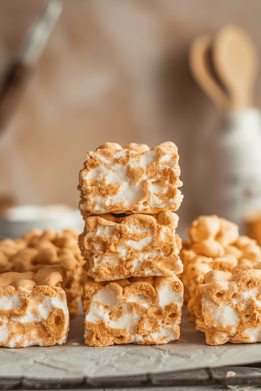 Indoor photo of gooey marshmallow cereal squares stacked on parchment paper, soft focus kitchen backdrop; no text or logos