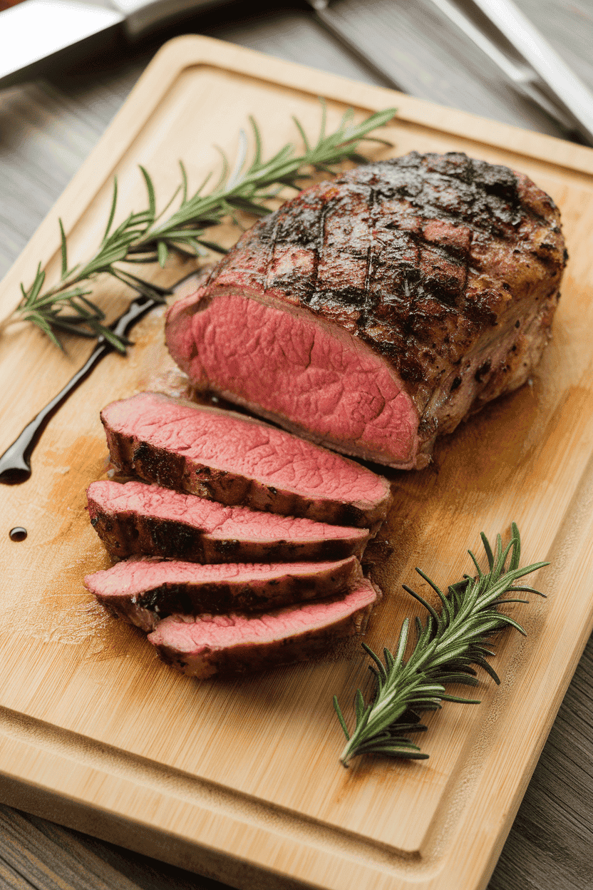 Indoor cutting board with grilled London broil sliced thinly, sprigs of rosemary and a drizzle of balsamic reduction nearby. Photo only, no text or logos.
