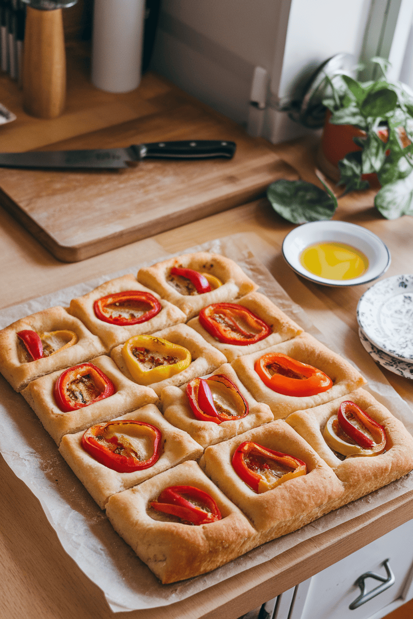 Indoor kitchen table with a sheet of roasted veggie focaccia cut into square portions, colorful peppers and onions visible on top. Soft daylight, no text or logos.
