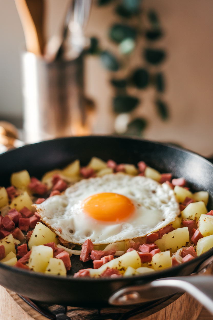 Indoor photo of a skillet full of diced potatoes, ham bits, and onions topped with a fried egg, no text or logos