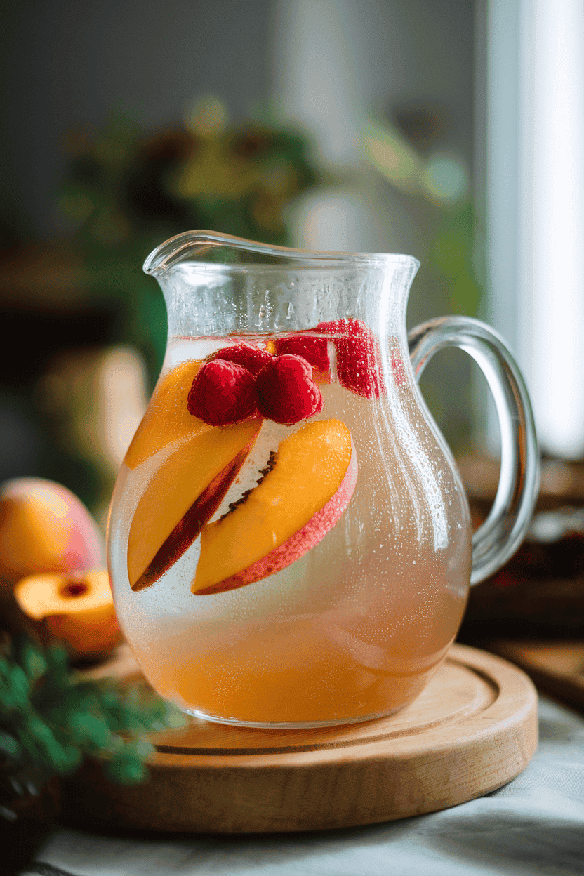 Photo, indoors, a clear pitcher of pale golden sangria dotted with peach slices and raspberries, condensation on the glass. Soft afternoon window light, no text or logos.
