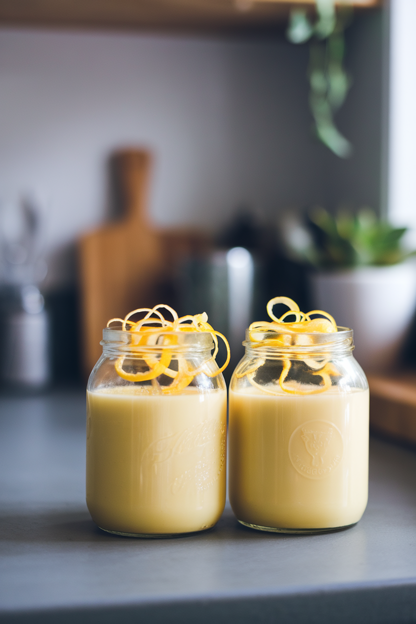 Two glass jars of pale lemon posset topped with thin lemon zest curls on an indoor countertop. Photo, no text or logos.