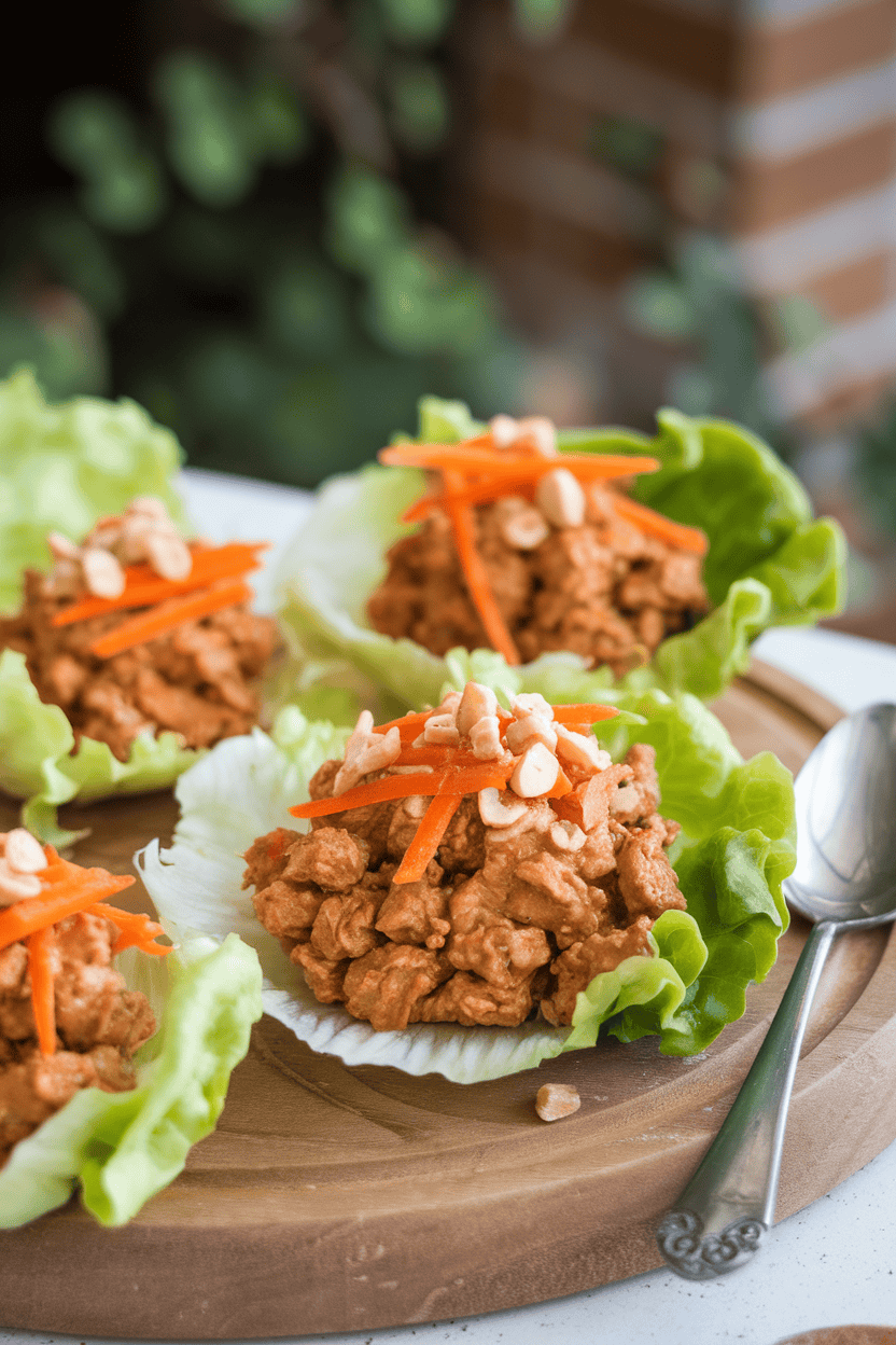 Photo of crisp lettuce cups filled with minced chicken coated in peanut sauce, topped with shredded carrots and chopped peanuts; indoor setting; no text or logos.