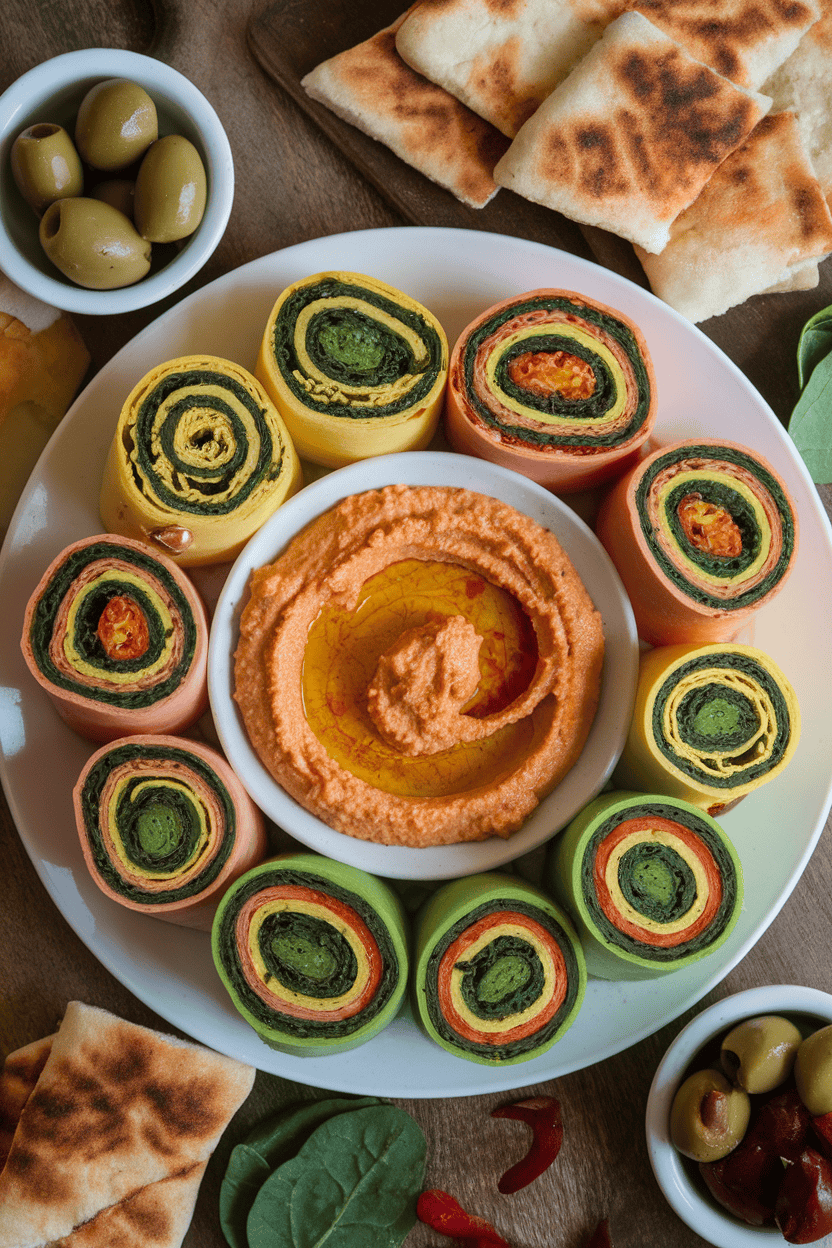 Photo prompt: Indoor platter of colorful spiral pinwheels filled with roasted red pepper hummus and spinach; no logos, no text.