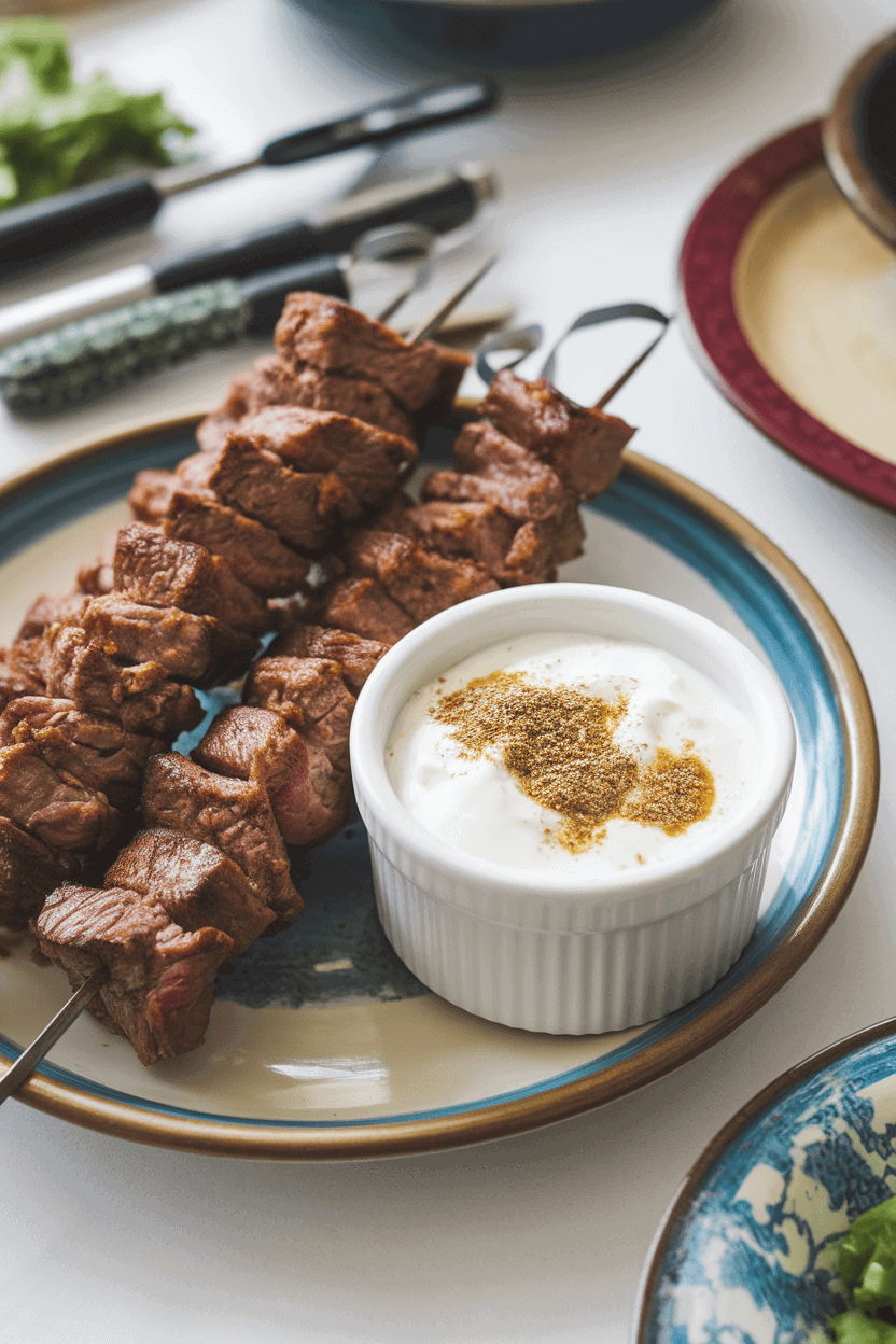 Indoor table setting with skewers of Moroccan-spiced beef, dusting of cumin next to a ramekin of harissa yogurt. Photo only, no text or logos.