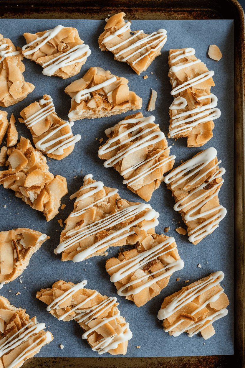 Indoor photo of irregular brittle-style cookie shards loaded with toasted coconut flakes, white chocolate drizzle, on a baking sheet, overhead lighting, no text or logos