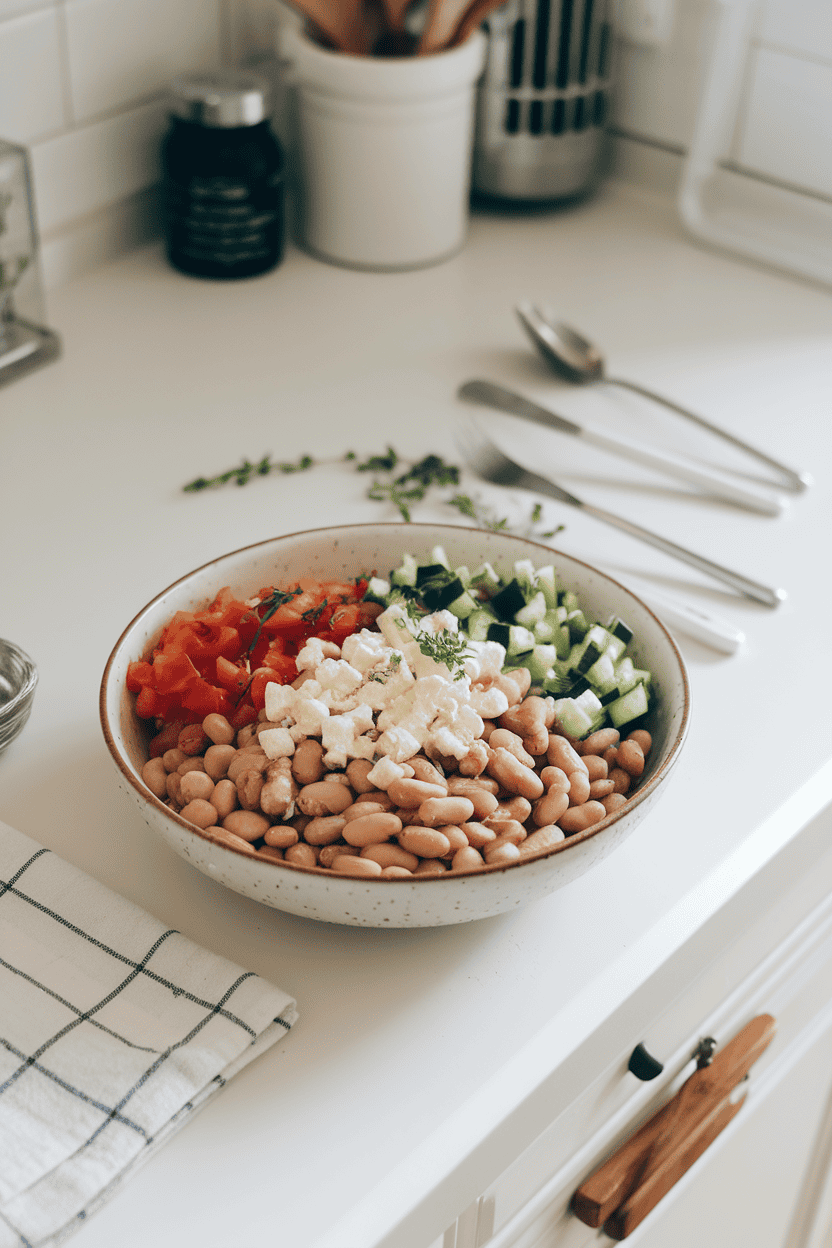 A well-lit indoor counter with a bowl of mixed white beans, chopped cucumber, tomato, and feta crumbles, dressed lightly with olive oil. Photo only; no text or logos.