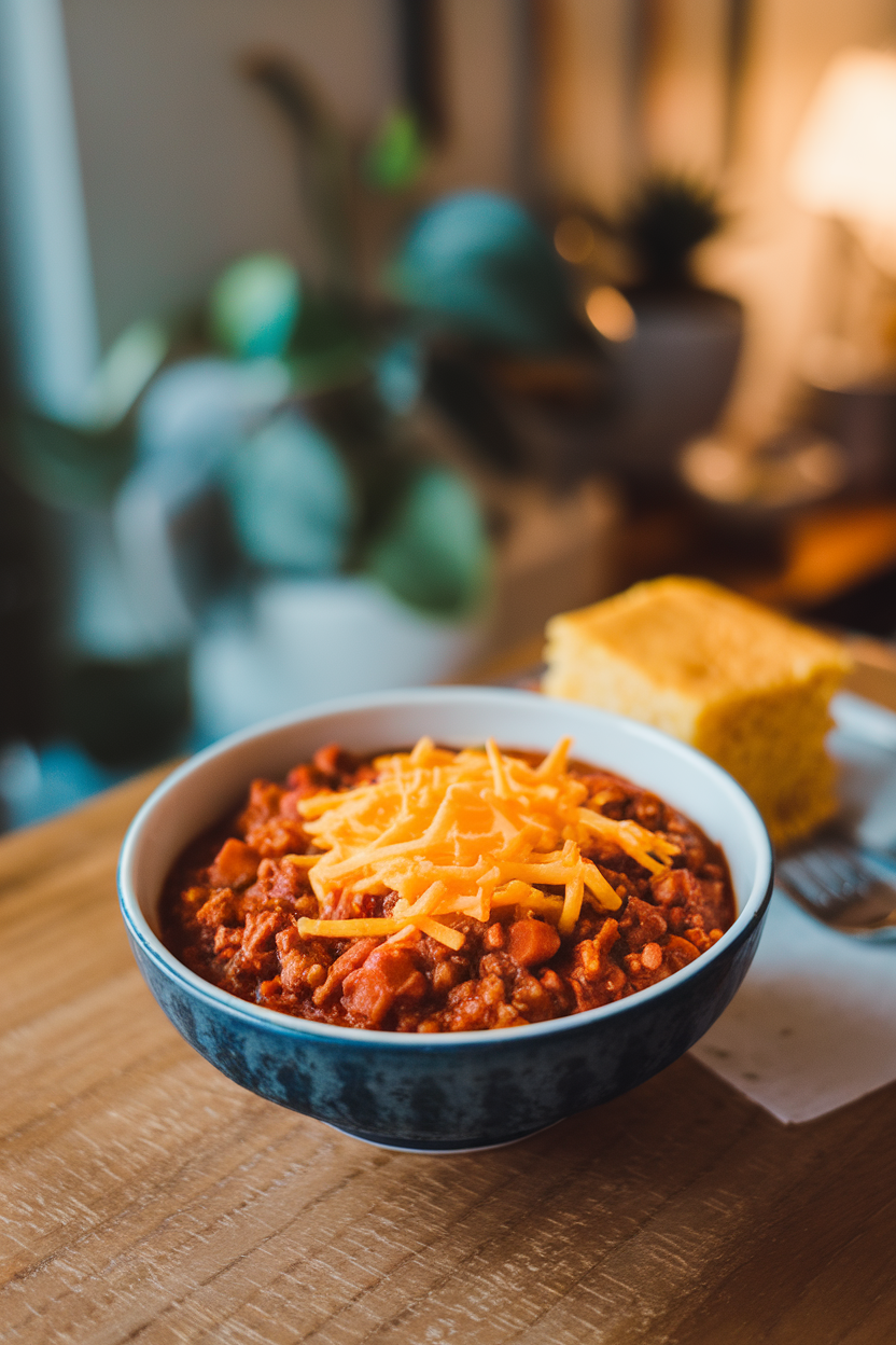 Indoor photo of a bowl of chunky chili topped with shredded cheese, a square of cornbread on the side, no text or logos