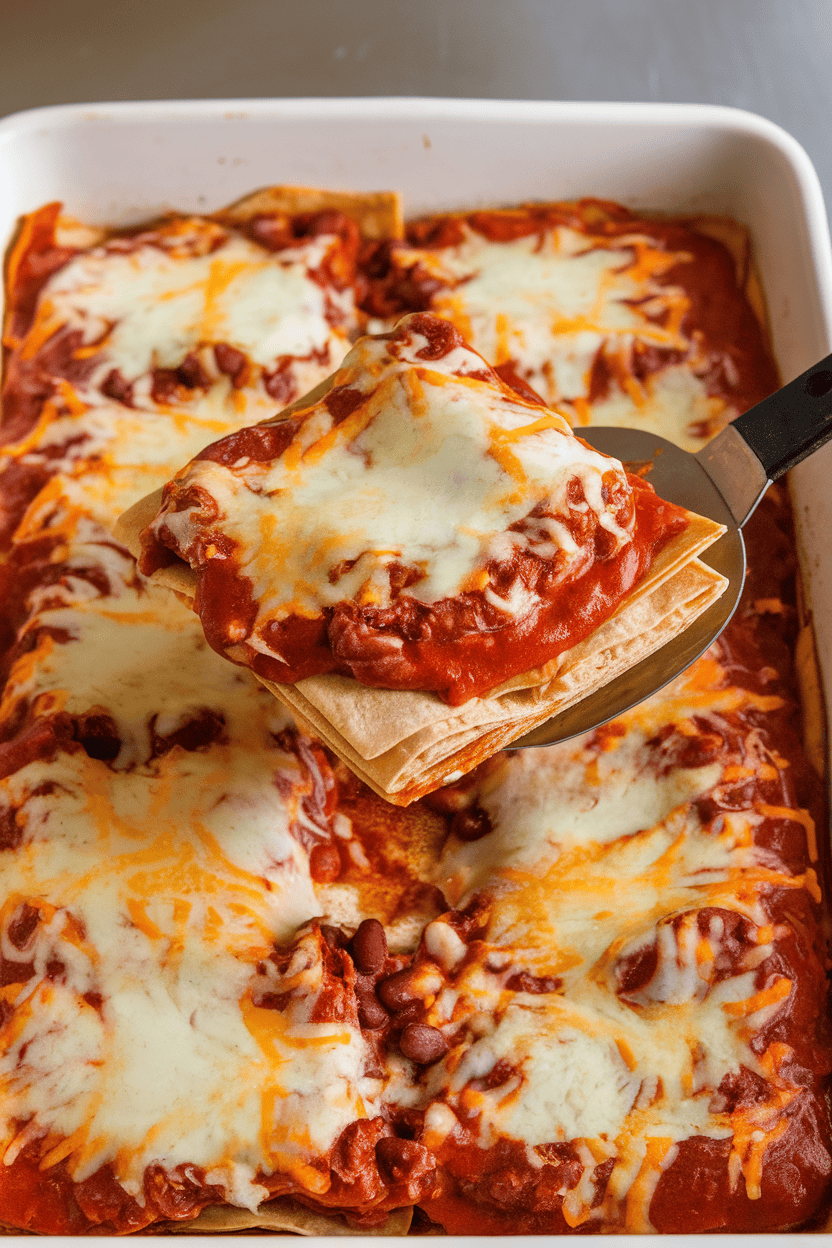 Indoor photo of a baking dish layered with tortillas, red enchilada sauce, pinto beans, and melted cheese, a spatula lifting one square. No logos visible.