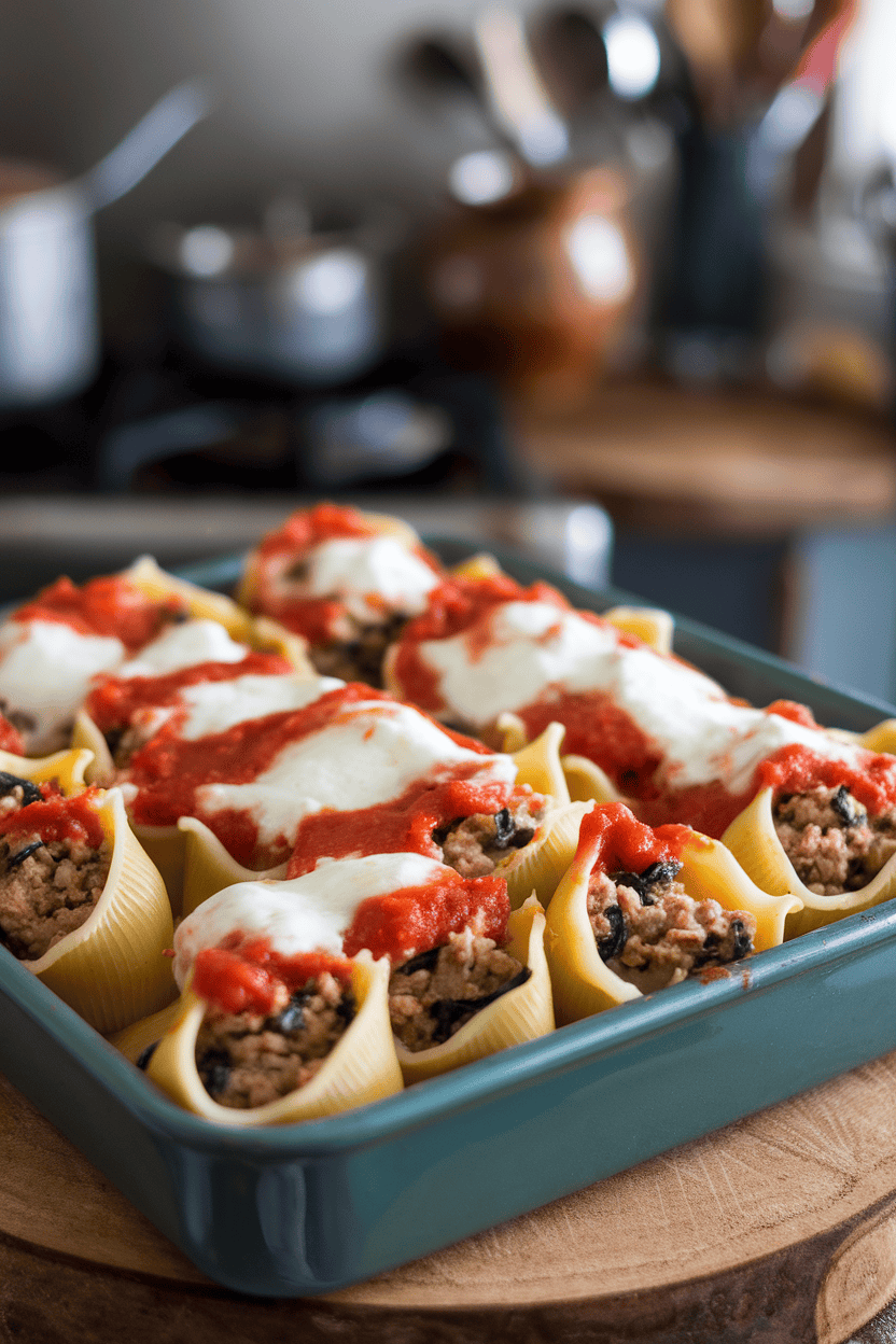 Indoor baking dish with jumbo pasta shells stuffed with ricotta, spinach flecks, and ground turkey, topped with marinara and melted mozzarella. No text or logos.