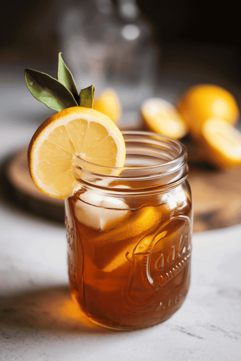 Photo, indoors, mason jar glass of amber bourbon-tea punch, lemon wheel resting against ice, gentle backlight. No text or logos visible.