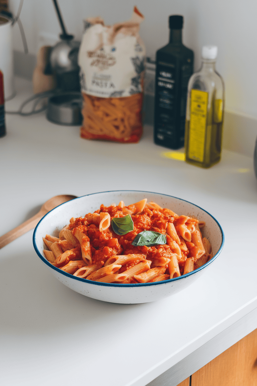 Photo, indoor kitchen counter, a bowl of penne tossed in chunky tomato sauce with torn basil leaves; no text or logos visible.