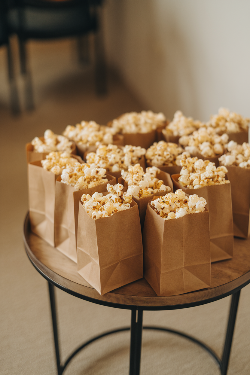 Photo of an indoor table with brown paper bags folded down and filled with popcorn dusted in parmesan and dried herbs. Soft ambient lighting; no logos or text visible.