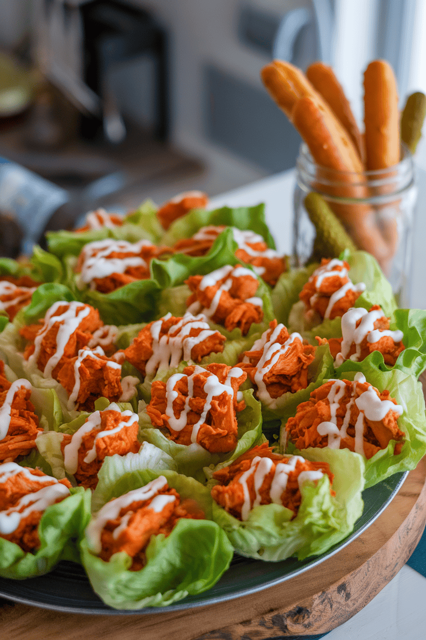 An indoor platter of crisp lettuce cups filled with shredded buffalo chicken and a drizzle of ranch. No logos or text visible.