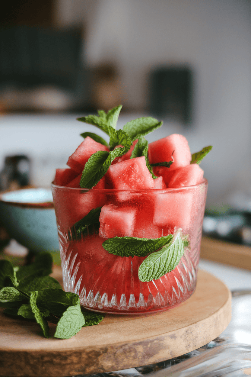 A chilled indoor glass bowl filled with bite-sized watermelon cubes garnished with fresh mint leaves. No text or logos. Photo only.