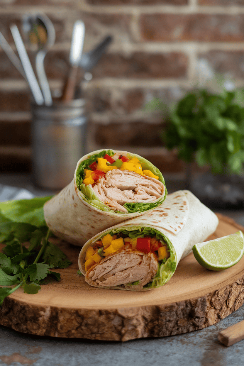 Indoor photo of a halved wrap showing jerk-seasoned chicken, mango salsa, and lettuce, no text or logos.