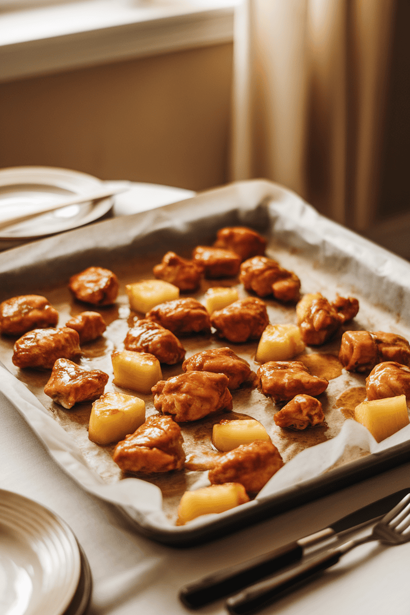 Warmly lit indoor table featuring a parchment-lined sheet pan with bite-sized teriyaki chicken pieces and caramelized pineapple chunks glistening in sauce. No text or logos.