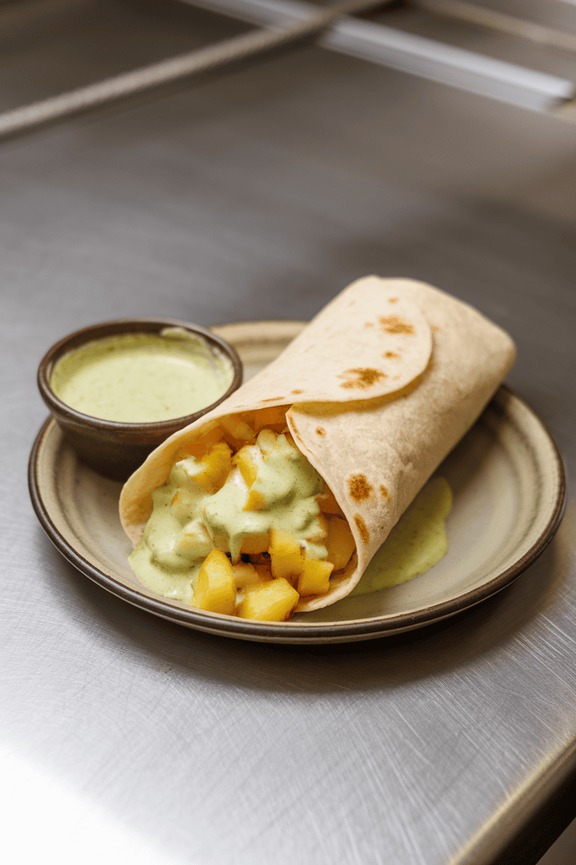 Indoor breakfast bar showing a burrito stuffed with diced potatoes and creamy green chile sauce. No text or logos visible. Photo, not illustration.