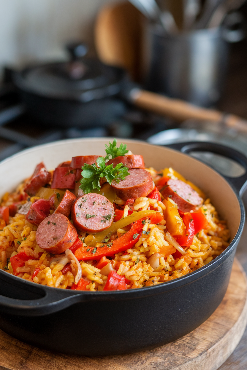 Indoor photo of a Dutch oven containing rice cooked with sliced sausage, bell peppers, and onions, garnished with parsley. No branding or text.