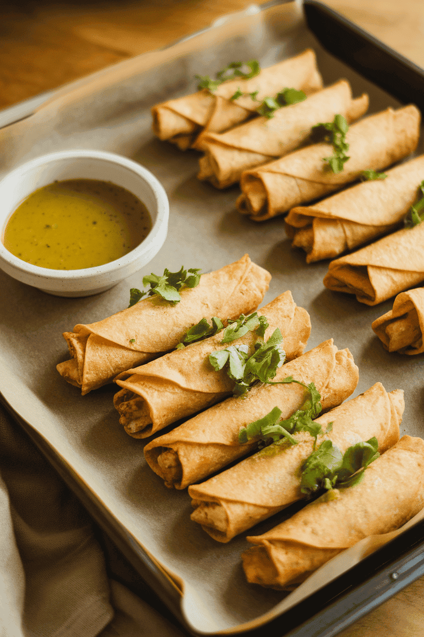 A parchment-lined indoor baking tray filled with crisp rolled chicken taquitos, a small bowl of salsa verde nearby; no text or logos. Photo, not illustration.