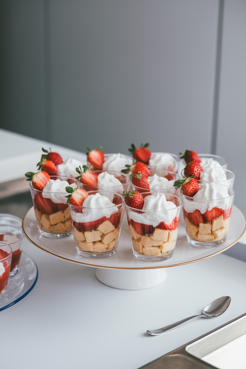 Indoor dessert station featuring small clear cups layered with biscuit chunks, sliced strawberries, and whipped cream. No text or logos.