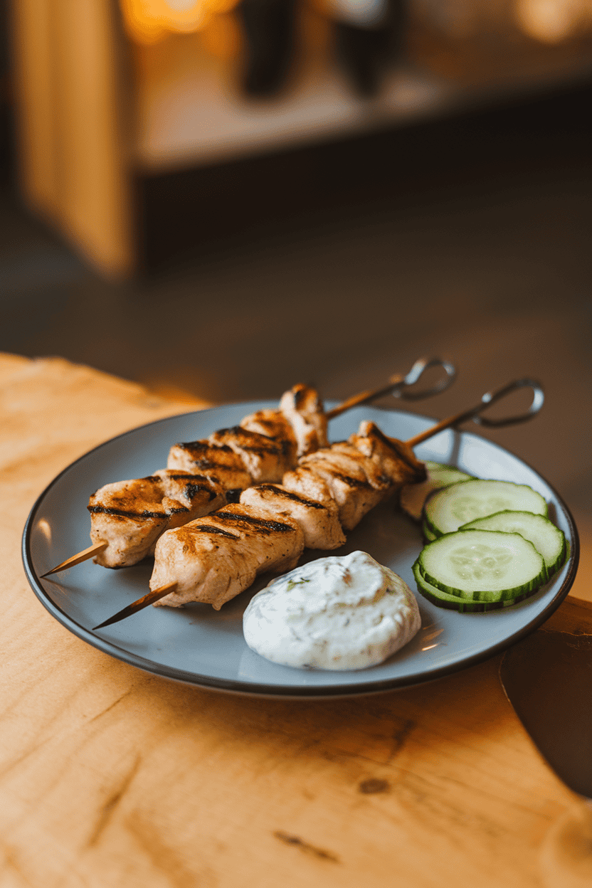 An indoor plate with two grilled chicken skewers, a dollop of tzatziki sauce, and thin cucumber rounds; no text or logos; photo only.