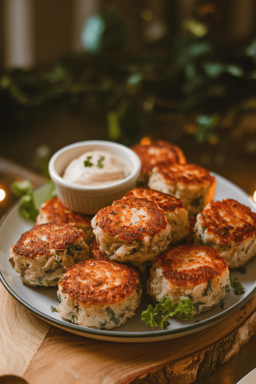 Photo prompt: Indoor platter of browned, bite-size cooked crab cakes with a small bowl of remoulade; warm lighting, no logos or text.