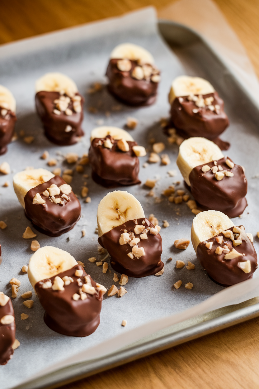 A parchment-lined tray with bite-size frozen banana pieces half-dipped in chocolate and sprinkled with chopped nuts. Indoor photo, no text or logos.
