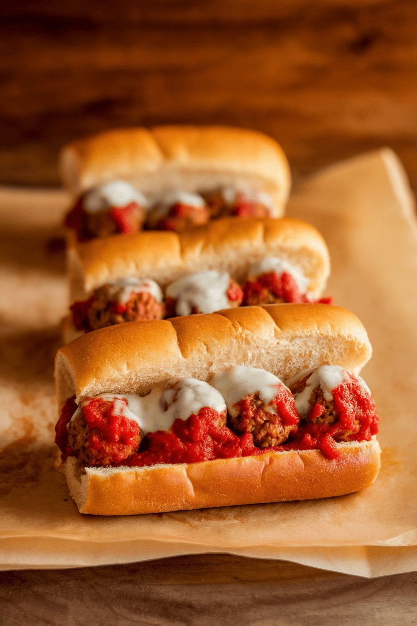 Indoor photo of small sub rolls filled with meatballs and marinara, cheese just melted, lined up on parchment paper; no text or logos.