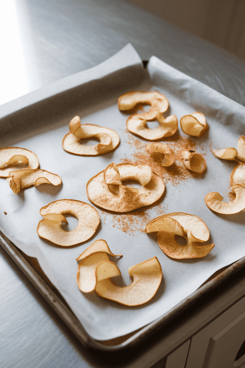 A parchment-lined baking sheet on an indoor counter with thin, crisp baked apple chips slightly curled at the edges, cinnamon dusting visible. No logos or text. Photo only.