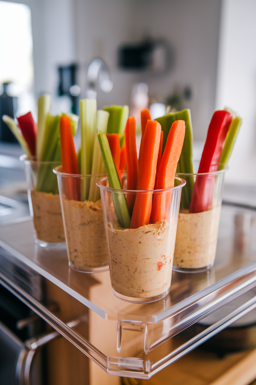 Photo of an indoor kitchen island showing clear plastic tumblers filled one-third with creamy hummus, vertical veggie sticks (carrots, celery, bell pepper) standing upright. Slight overhead view; no logos or text.