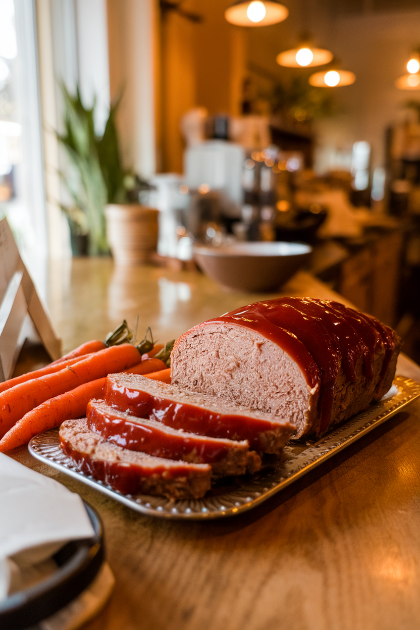 A warmly lit indoor counter with a sliced meatloaf on a platter, ketchup glaze glistening, and roasted carrots alongside. No text or logos present.