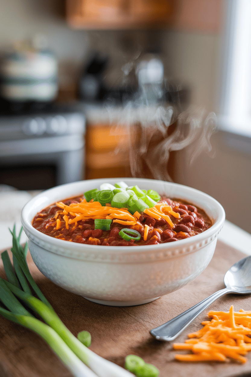 Indoor photo of a hearty black bean chili topped with shredded cheese and sliced green onions, steam gently rising; no text or logos.