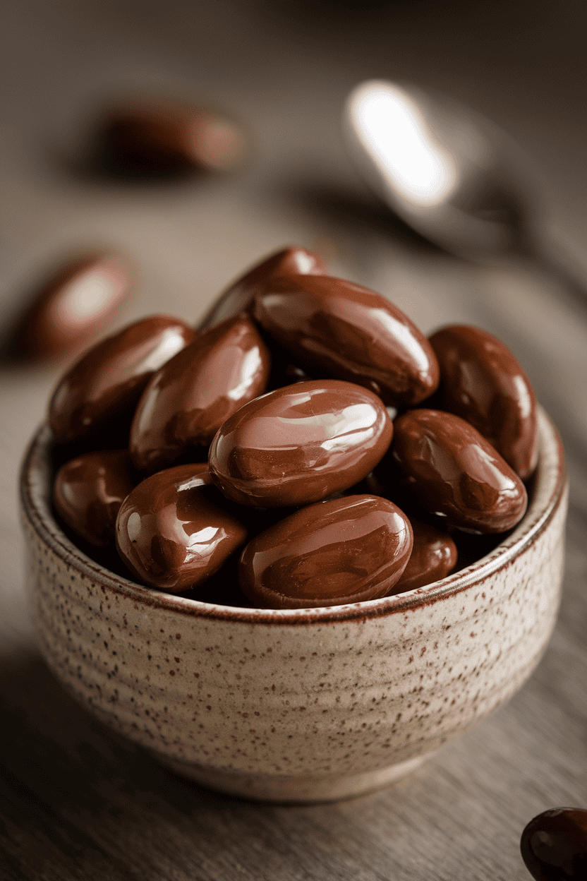 An indoor ceramic bowl filled with glossy dark chocolate–coated almonds, subtle highlights showing texture. No visible text or branding.