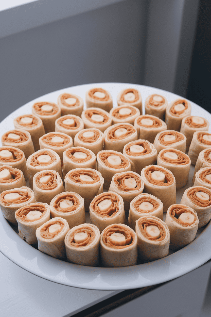 Indoor photo of sliced tortilla roll-ups filled with peanut butter and banana, neatly arranged on a white platter. No text or logos.