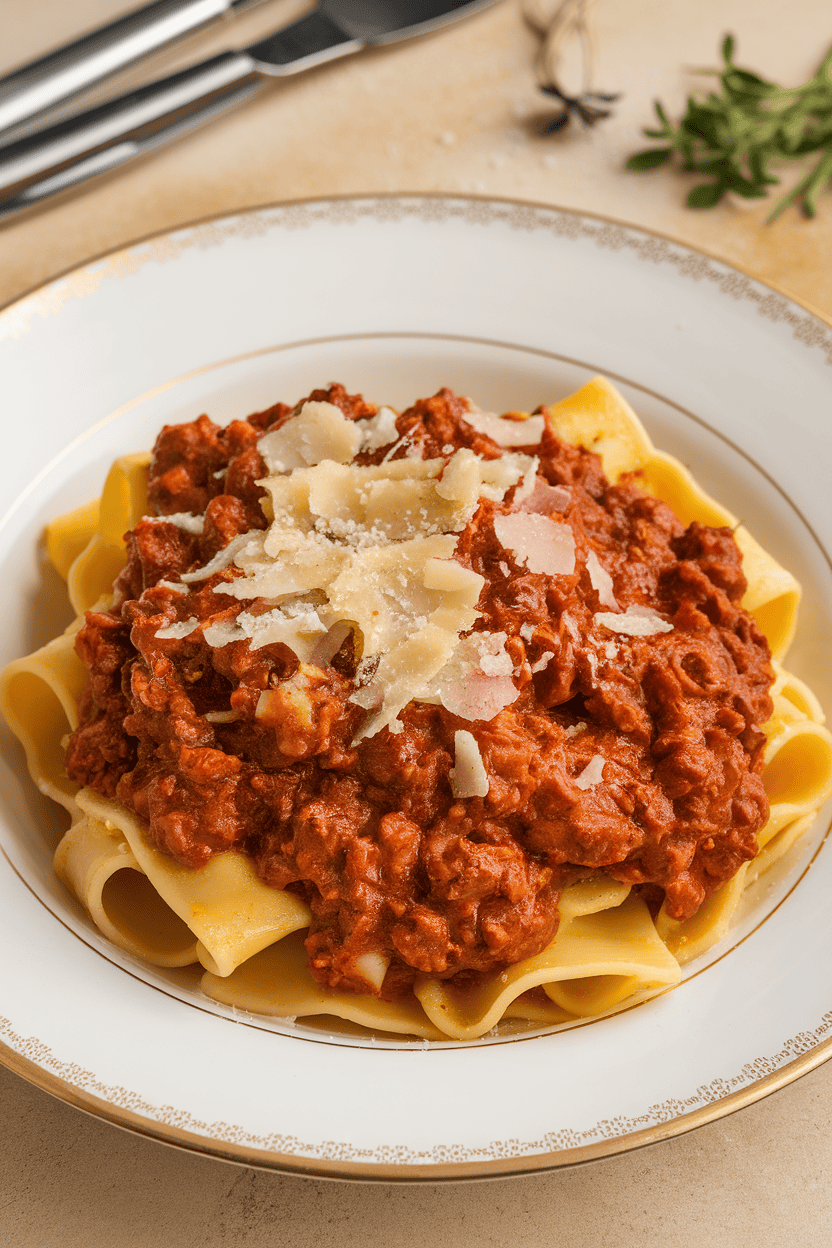 An indoor saucepan of rich meat ragù spooned over pappardelle pasta, a sprinkling of Parmesan snowing down. No text or logos in sight.