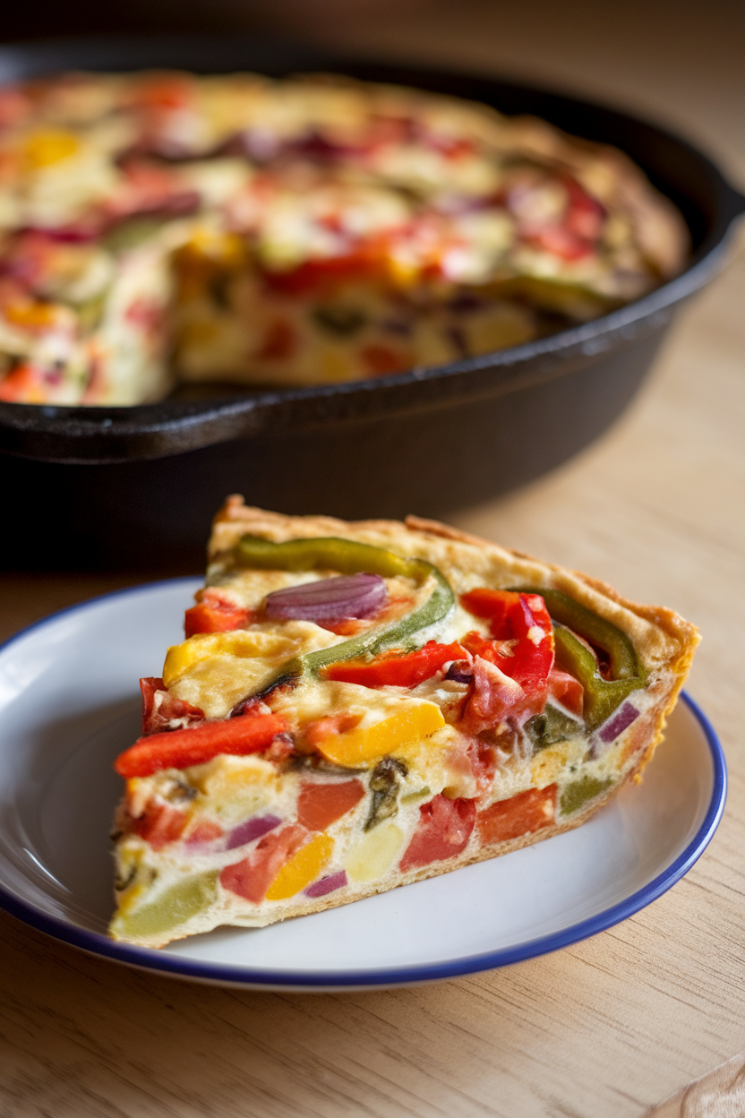 Indoor photo of a slice of colorful vegetable frittata on a small plate, whole skillet in background, no text or logos