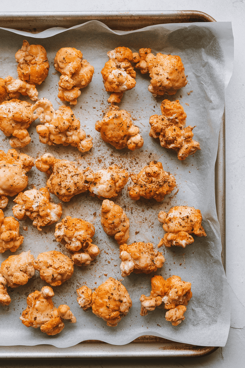 An indoor tray lined with parchment paper holding small pieces of baked popcorn chicken sprinkled with ranch seasoning. No text or logos present; photo style.