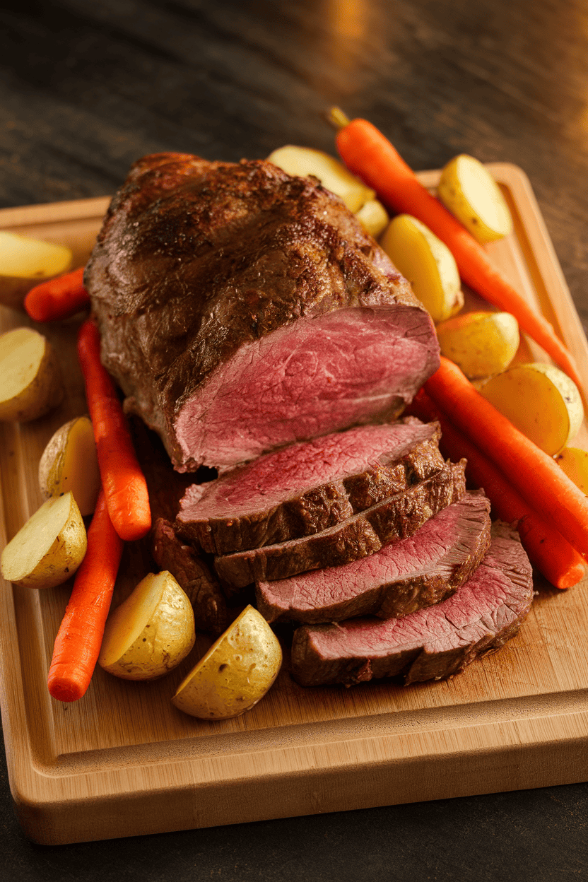 An indoor cutting board scene featuring sliced roast beef surrounded by roasted potatoes and carrots, no branding or text.