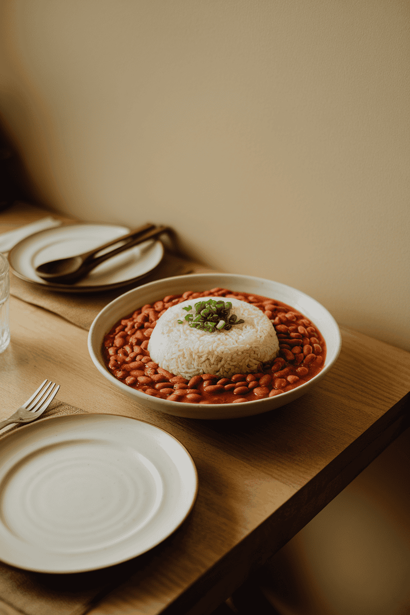Indoor dining table with a plate of red beans nestled over fluffy white rice, garnished with chopped green onion. No text or logos, cozy light. Photo only.