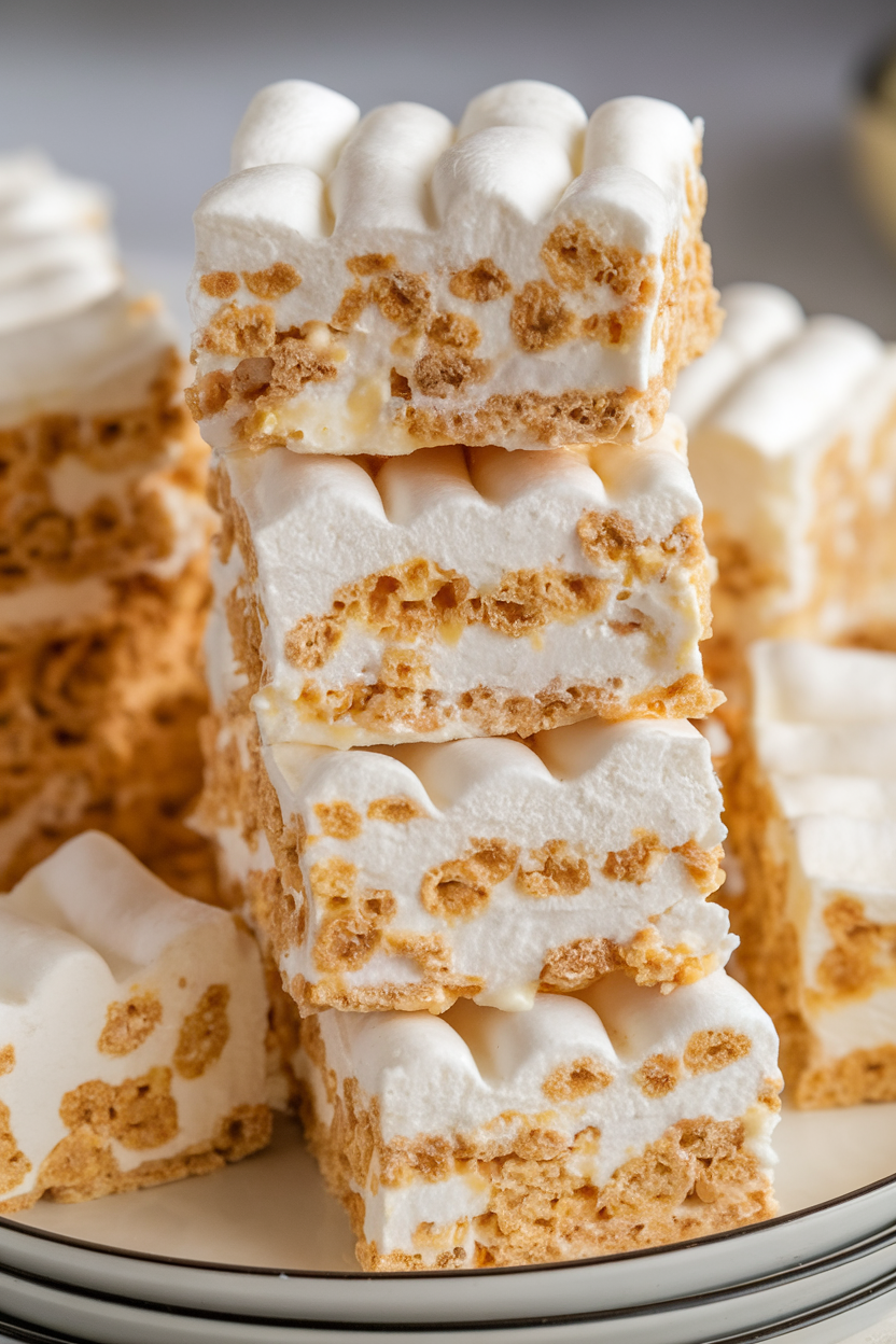 Indoor close-up photo of neatly cut squares of gooey marshmallow cereal treats stacked on a white plate, light catching the glossy marshmallow strands; no text or logos on dishware. Photo, not illustration.