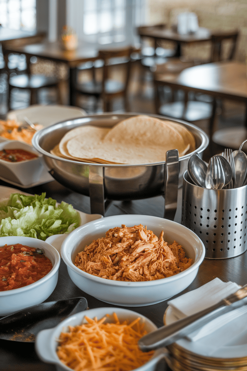 Indoor photo of a buffet station with warmed tortillas, a bowl of seasoned shredded chicken, and side dishes of lettuce, salsa, and cheese; no text or logos.