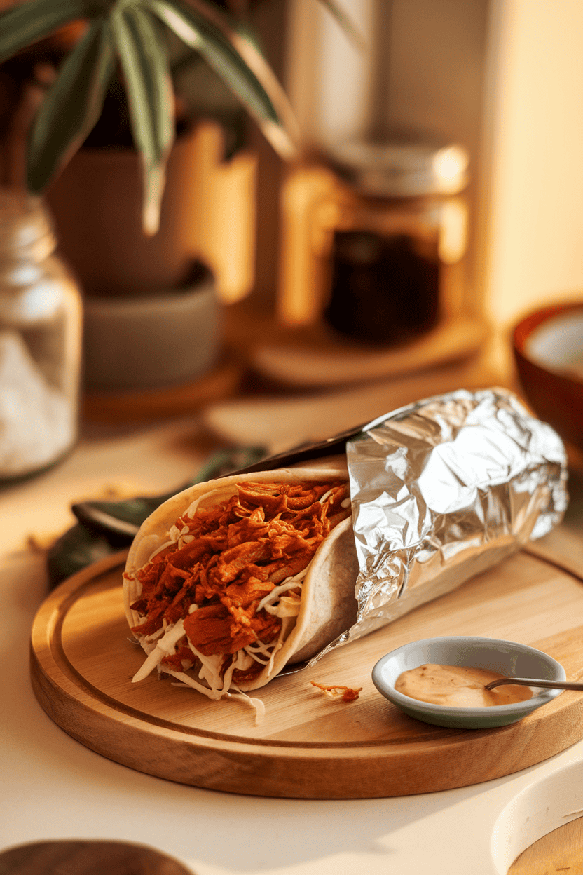 A warmly lit indoor scene with a burrito filled with saucy shredded BBQ jackfruit and slaw. No logos or text. Photo, not illustration.