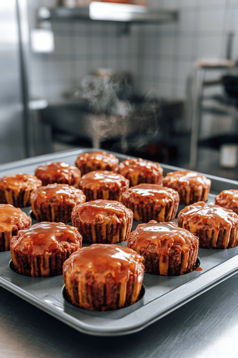 An indoor baking sheet lined with individual glazed meatloaf muffins, steam rising gently; photo, no text or logos.