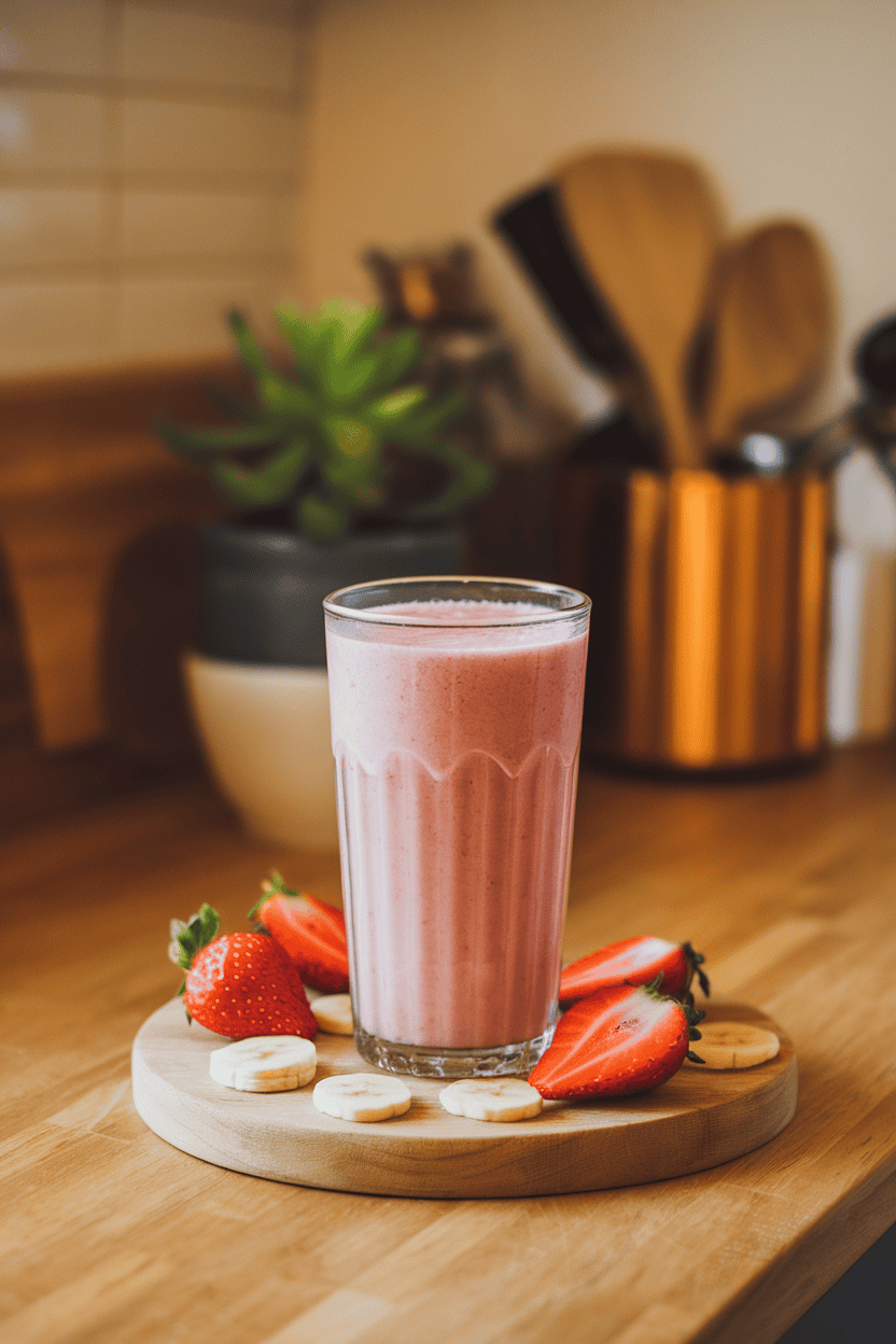 A warmly lit indoor kitchen counter featuring a tall glass of pink strawberry-banana smoothie with light condensation, surrounded by a few sliced strawberries and banana coins on a wooden board. Photo, no text or logos.