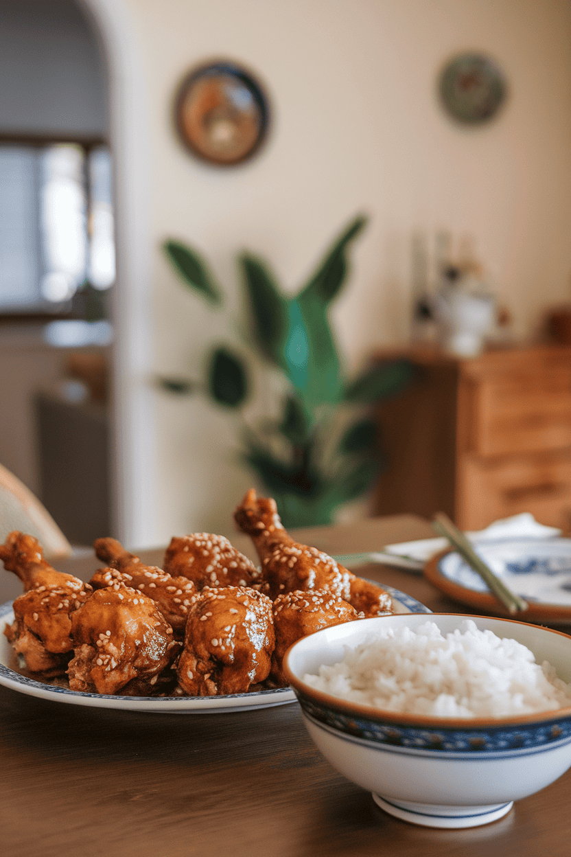 Indoor dining table with a platter of glazed chicken drumsticks sprinkled with sesame seeds, a bowl of white rice beside it, no text or logos on serving ware.