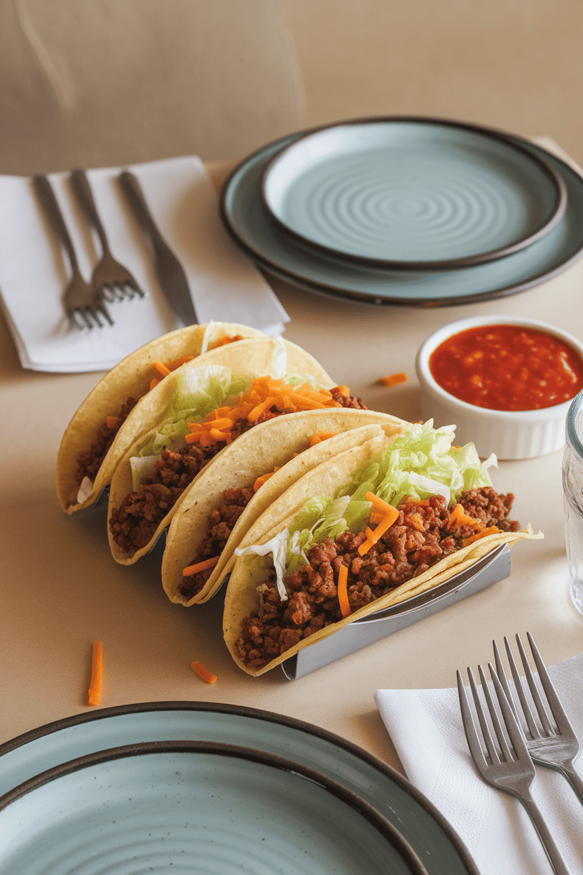 An indoor table setting with crispy taco shells filled with seasoned ground beef, shredded lettuce, and cheddar, a small dish of salsa nearby. No text or logos visible.