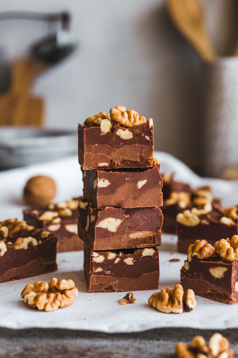A stack of maple walnut fudge squares on a kitchen counter, nuts visible throughout. Photo, no text or logos present.