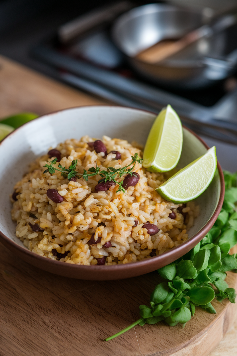 Indoor photo of a serving bowl containing Jamaican rice and peas—rice cooked with kidney beans, thyme, and coconut milk—with a side of lime wedges. No logos or text visible.