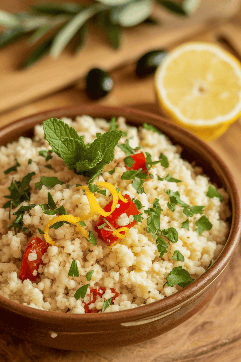 Indoor photo of fluffy couscous mixed with chopped parsley, roasted red pepper, and lemon zest in a ceramic serving bowl. Overhead view, no text or logos.